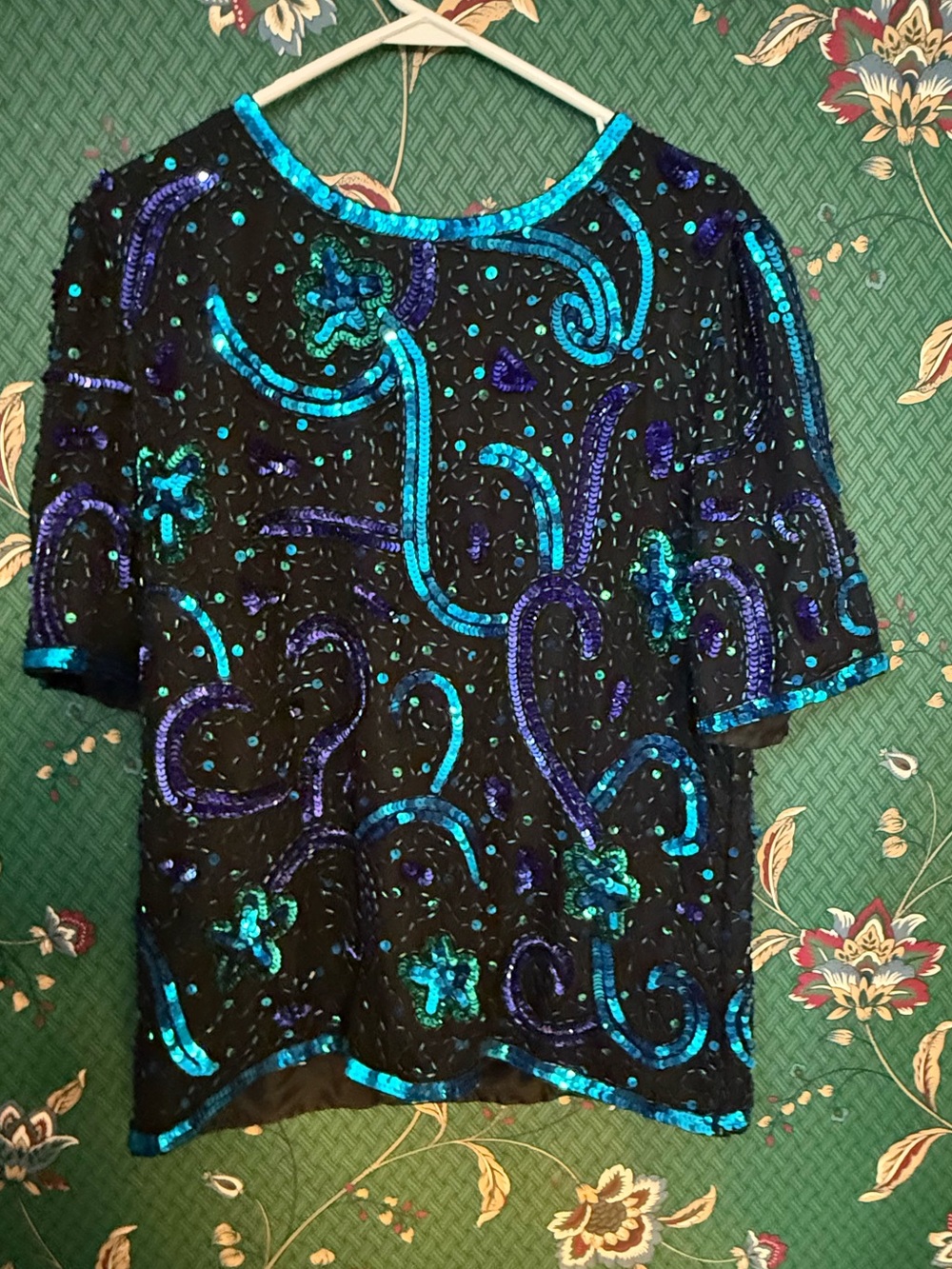 Vintage Sequin & Beaded Floral-Scroll Short Sleeve Top